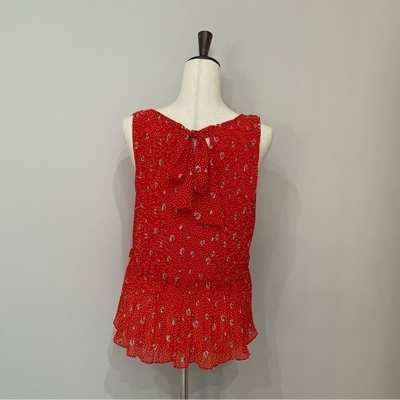 ZARA Red Floral Daisy Printed Pleated Sleeveless Blouse V-Neck Top Size Small - Picture 7 of 14